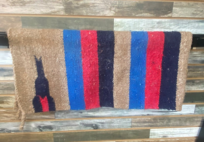 USED  Wool Saddle Blanket 30" x  30" Tan, Red, Navy Blue, Blue