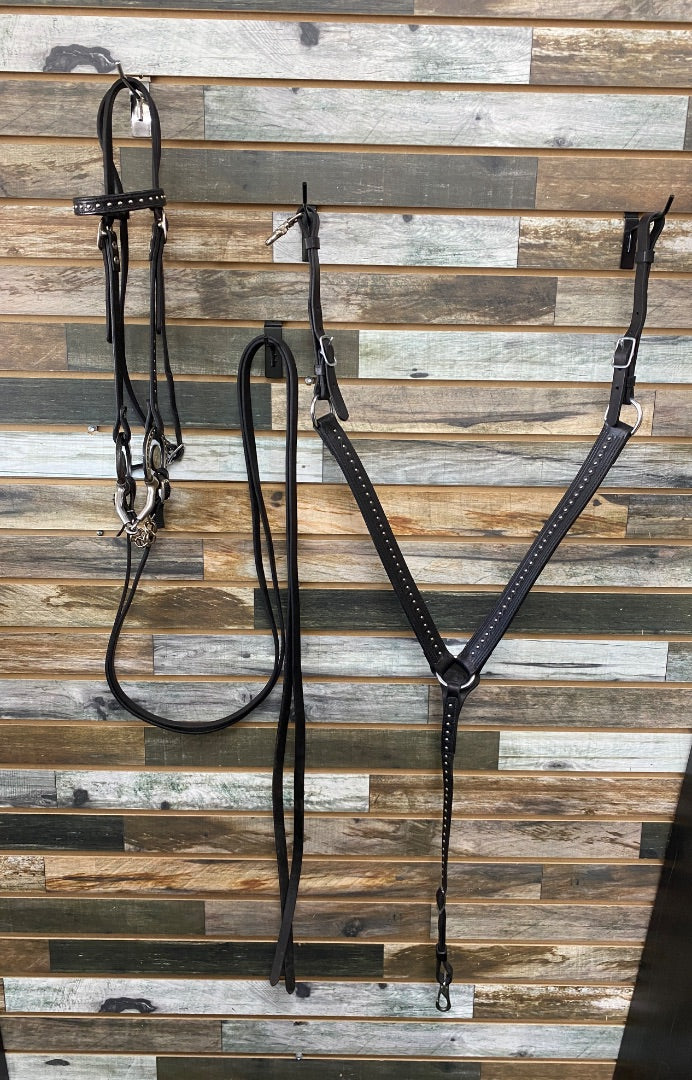 USED Circle Y Matching Leather Headstall w/Bit and Breast Collar Horse Black