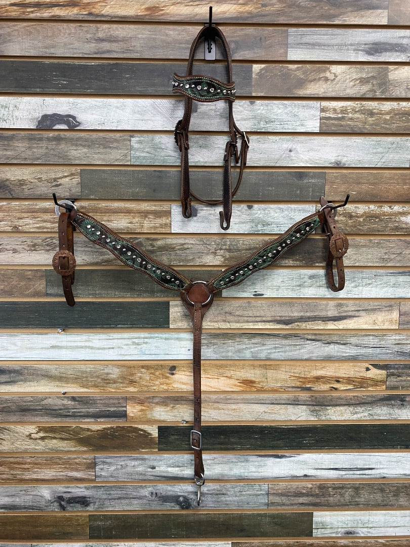 USED Akers Ranch Custom Tack Western Pony Tack Set Pony Medium Oil | Green Aztec