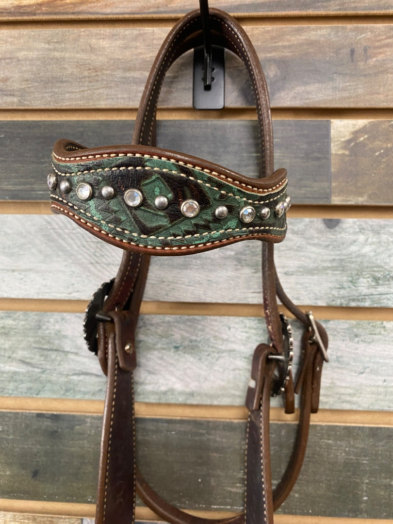 USED Akers Ranch Custom Tack Western Pony Tack Set Pony Medium Oil | Green Aztec