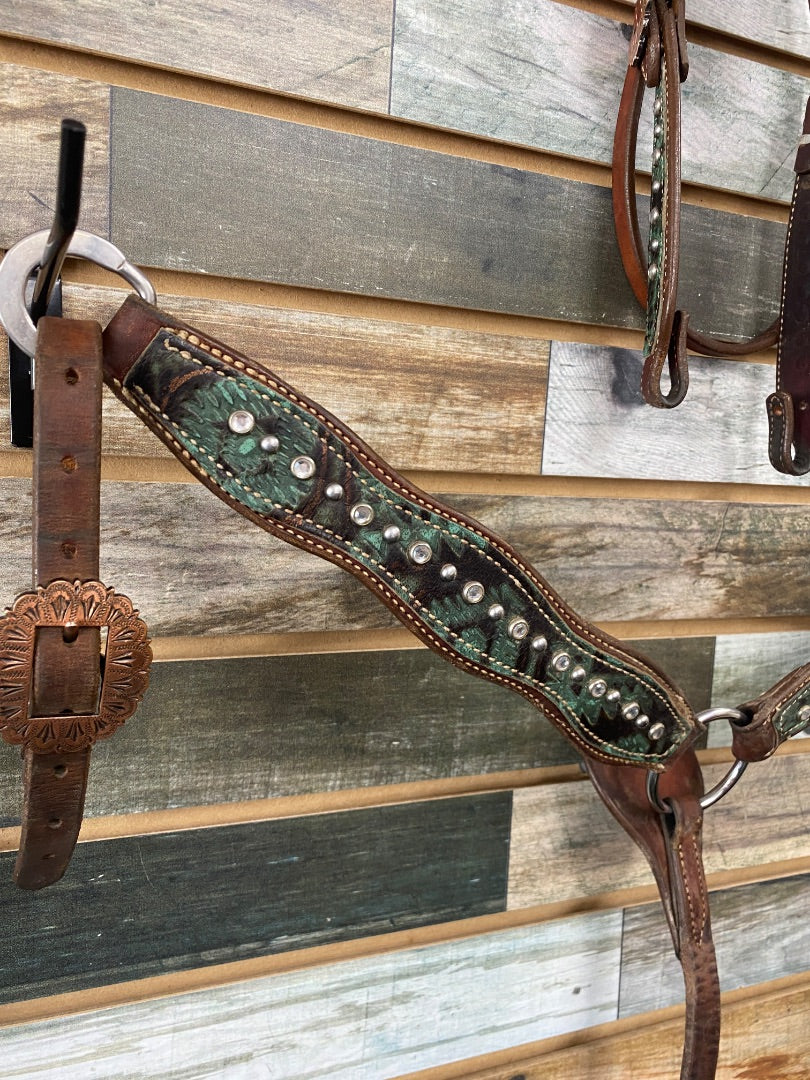 USED Akers Ranch Custom Tack Western Pony Tack Set Pony Medium Oil | Green Aztec