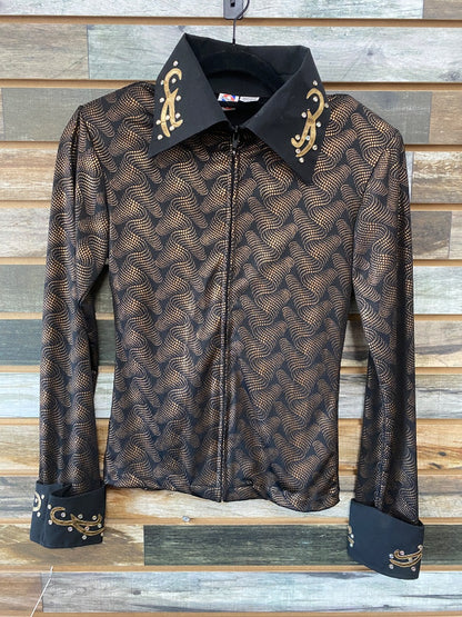 USED JC Apparel Western Show Shirt Extra Small Black/Gold Swirls