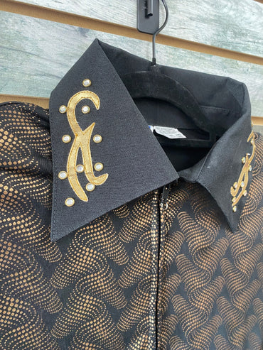 USED JC Apparel Western Show Shirt Extra Small Black/Gold Swirls