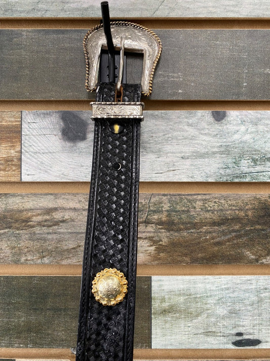 USED  Black Ladies Belt with Gold/Silver Conchos