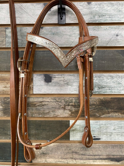 USED  Western Browband Headstall with Silver Plating Horse Light Oil