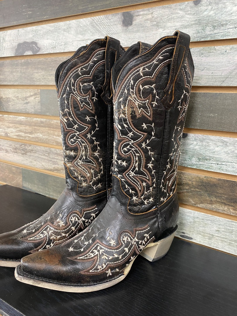 USED J.B. Dillon Zinnia Women’s Western Boot 8 1/2 Black with White Stitching