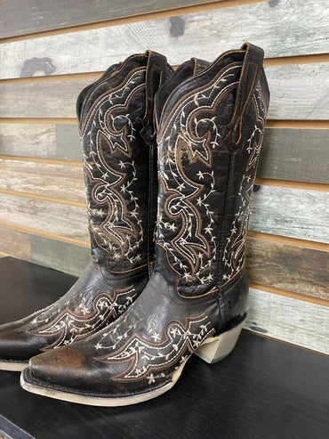 USED J.B. Dillon Zinnia Women’s Western Boot 8 1/2 Black with White Stitching