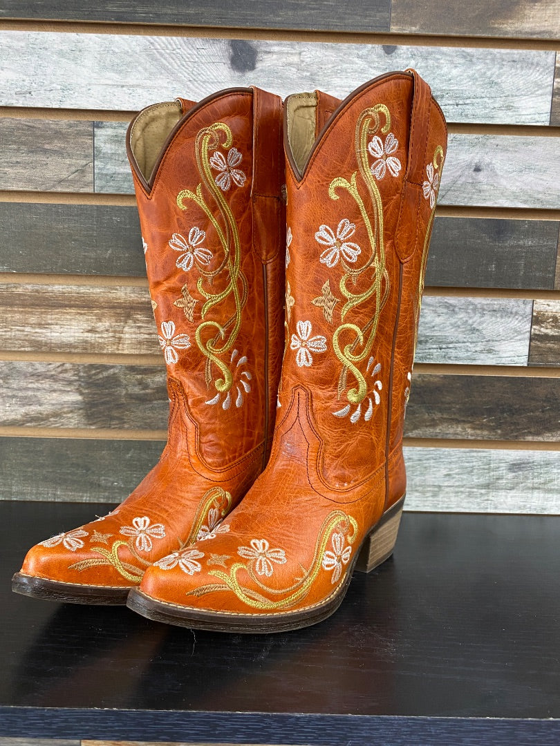USED Sterling River Floral Stitched Ladies Western Boots 8.5 Orange/Tan/White