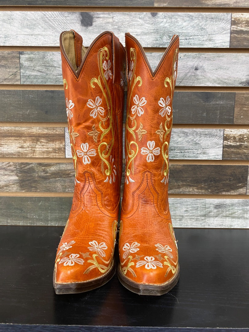 USED Sterling River Floral Stitched Ladies Western Boots 8.5 Orange/Tan/White