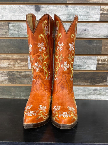 USED Sterling River Floral Stitched Ladies Western Boots 8.5 Orange/Tan/White