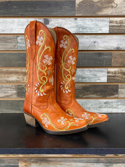 USED Sterling River Floral Stitched Ladies Western Boots 8.5 Orange/Tan/White