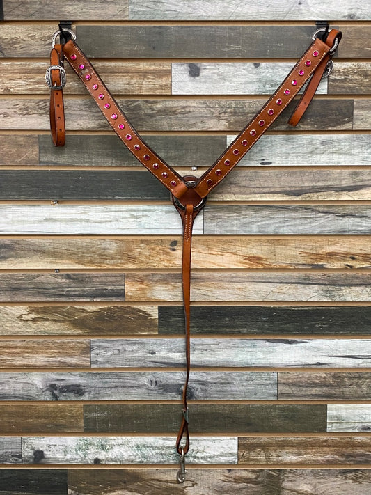 USED  Western Breastcollar with Pink Stones  Medium Oil