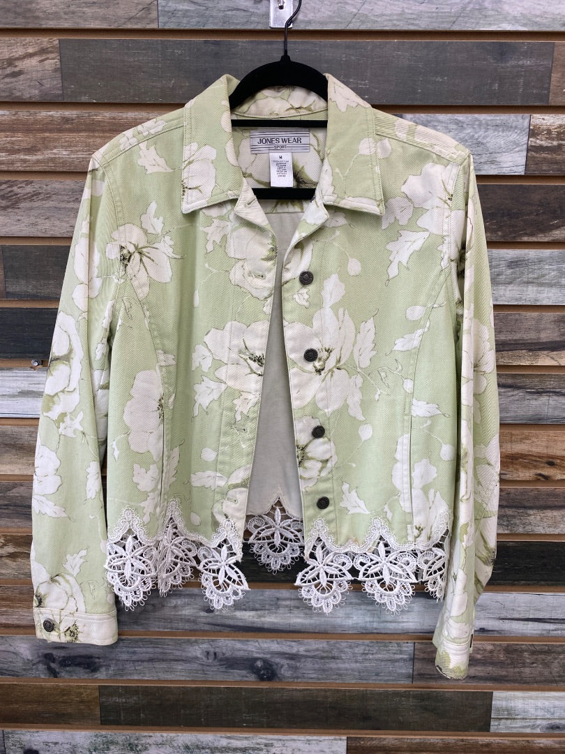 USED Jones Wear Floral Green Jean Jacket Medium Light Green/White
