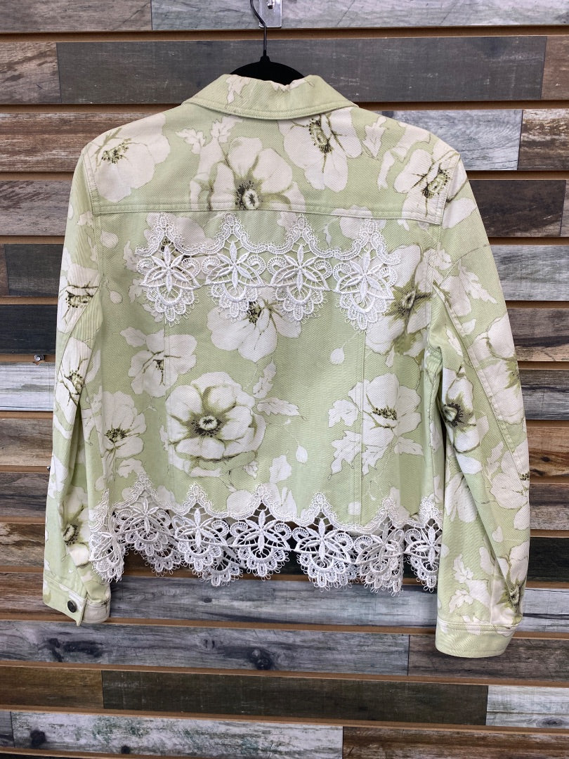 USED Jones Wear Floral Green Jean Jacket Medium Light Green/White