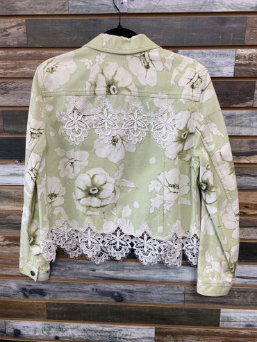 USED Jones Wear Floral Green Jean Jacket Medium Light Green/White