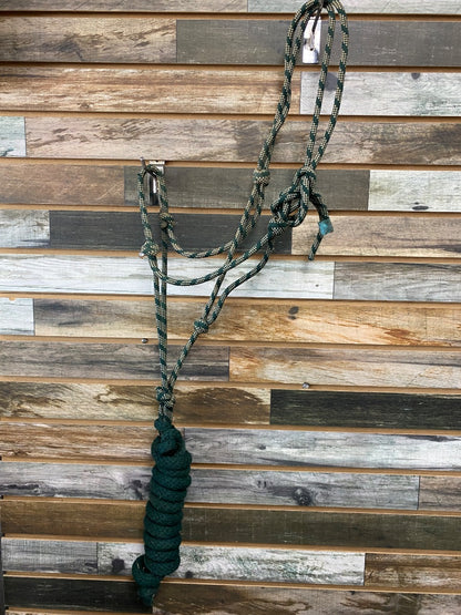USED  Rope Halter with Lead Rope Full Green, Dark Green, Tan