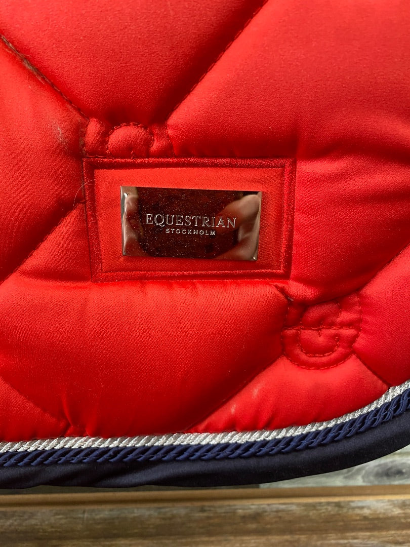 USED Equestrian Stockholm Dressage Pad Cob Red w/ navy trim