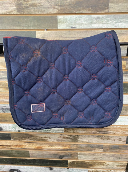 USED Equestrian Stockholm Dressage Pad Cob Red w/ navy trim