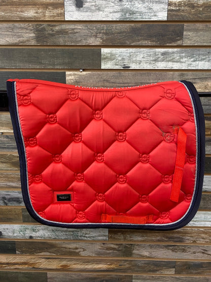 USED Equestrian Stockholm Dressage Pad Cob Red w/ navy trim