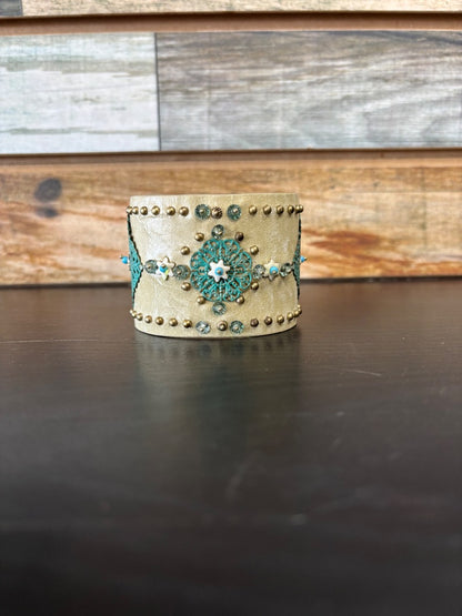 USED Tan Arm/Bracelet Cuff with Gold and Turquoise Accents
