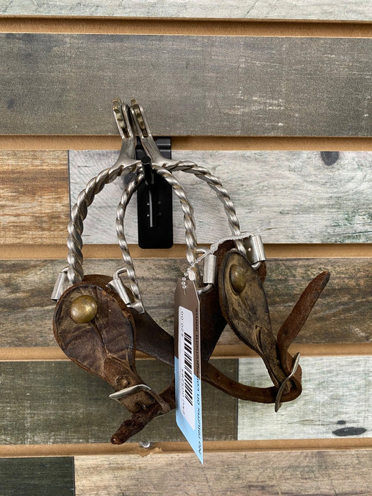 USED Golden Horseshoe Equestrian Western Rope Twist Pattern Rowel Spurs With Straps Medium Silver/Brown