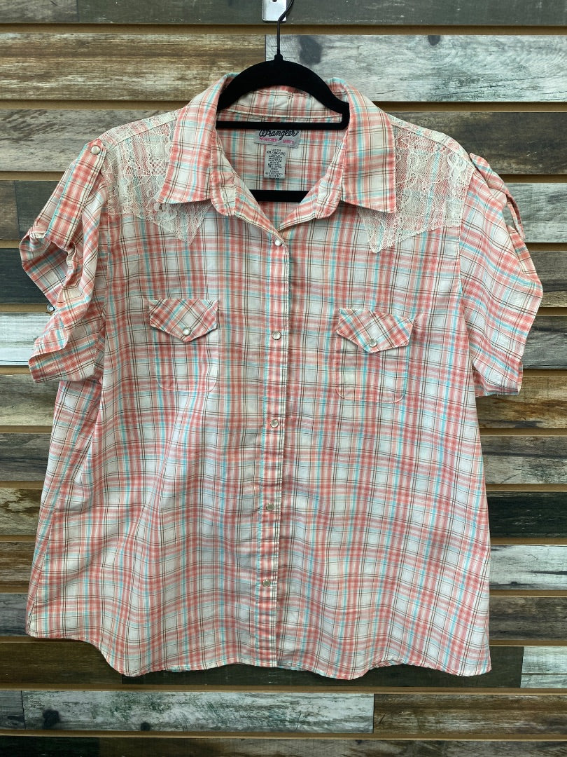 USED Wrangler Ladies Western Short Sleeve Top XXL Pink/White/Blue Plaid