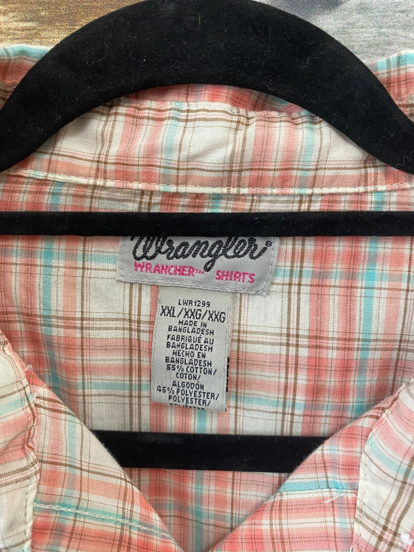 USED Wrangler Ladies Western Short Sleeve Top XXL Pink/White/Blue Plaid