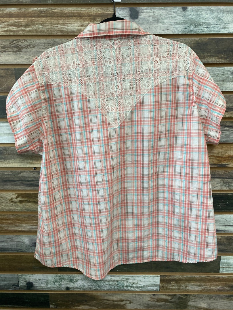 USED Wrangler Ladies Western Short Sleeve Top XXL Pink/White/Blue Plaid