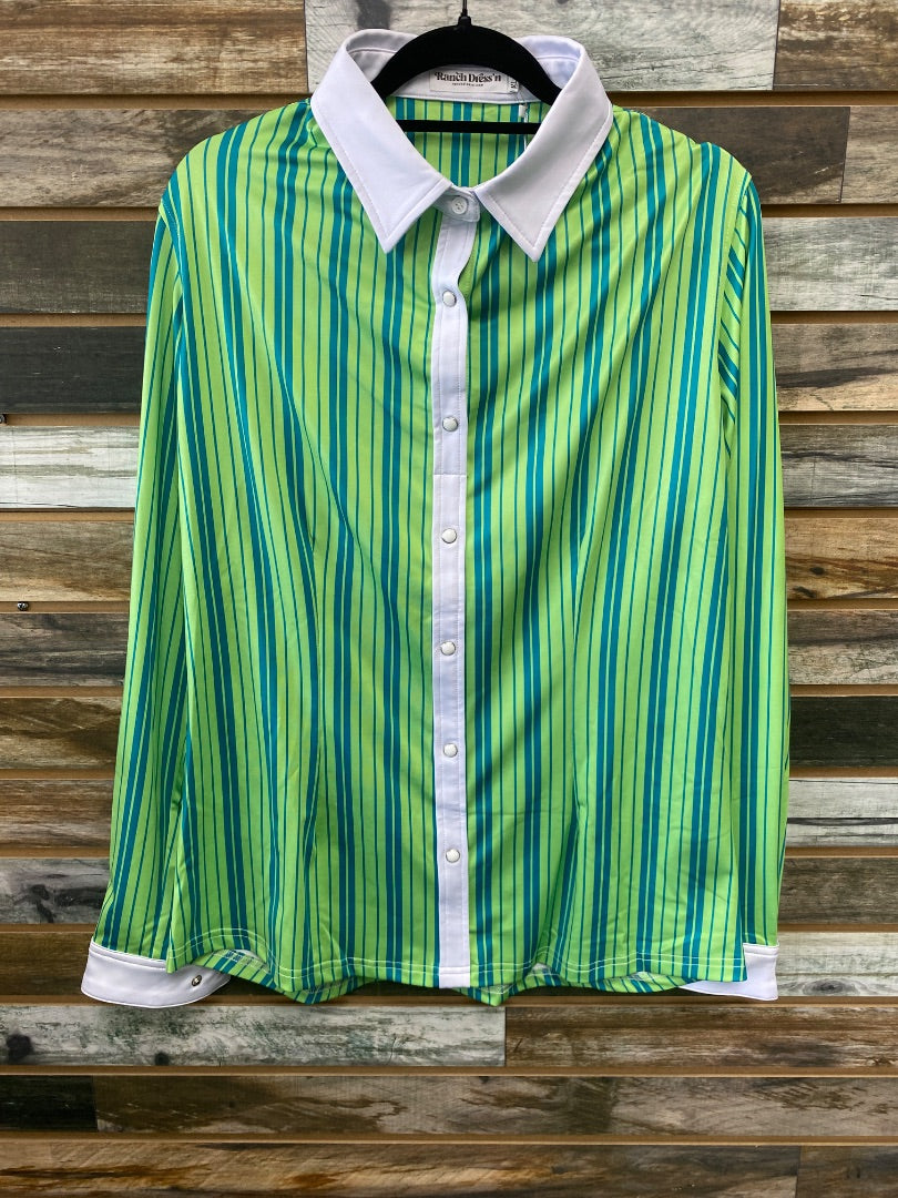 USED Ranch Dress'n NWT Western Long Sleeve Top XL Teal/Green Stripe