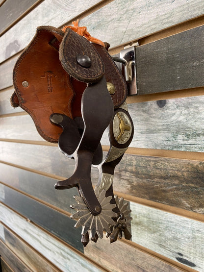 USED  Ladies Western Spurs with Large Rowels & Dark Oil Lonesome Pine Straps  Silver Plate with Cowhead