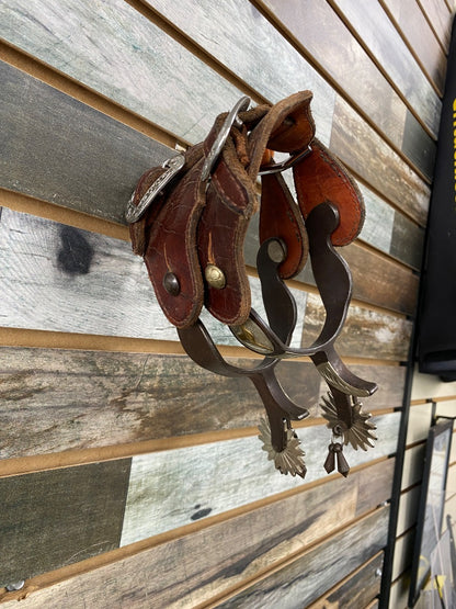 USED  Ladies Western Spurs with Large Rowels & Dark Oil Lonesome Pine Straps  Silver Plate with Cowhead