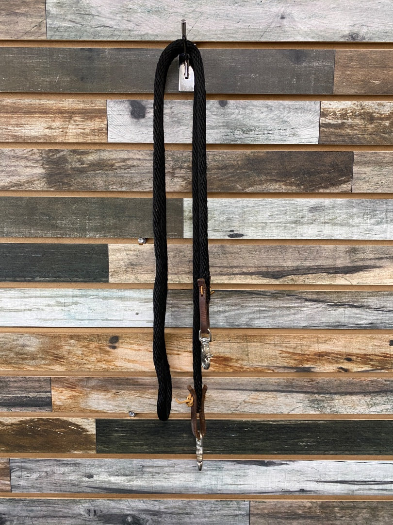 USED  Western Roping Rein with Trigger Snaps  Black Nylon
