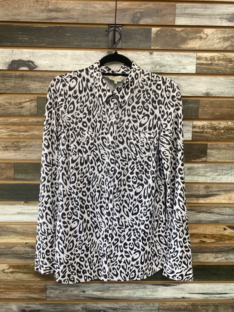 USED Roper Roper Rodeo Shirt, Snow Leopard Print Medium Black/White