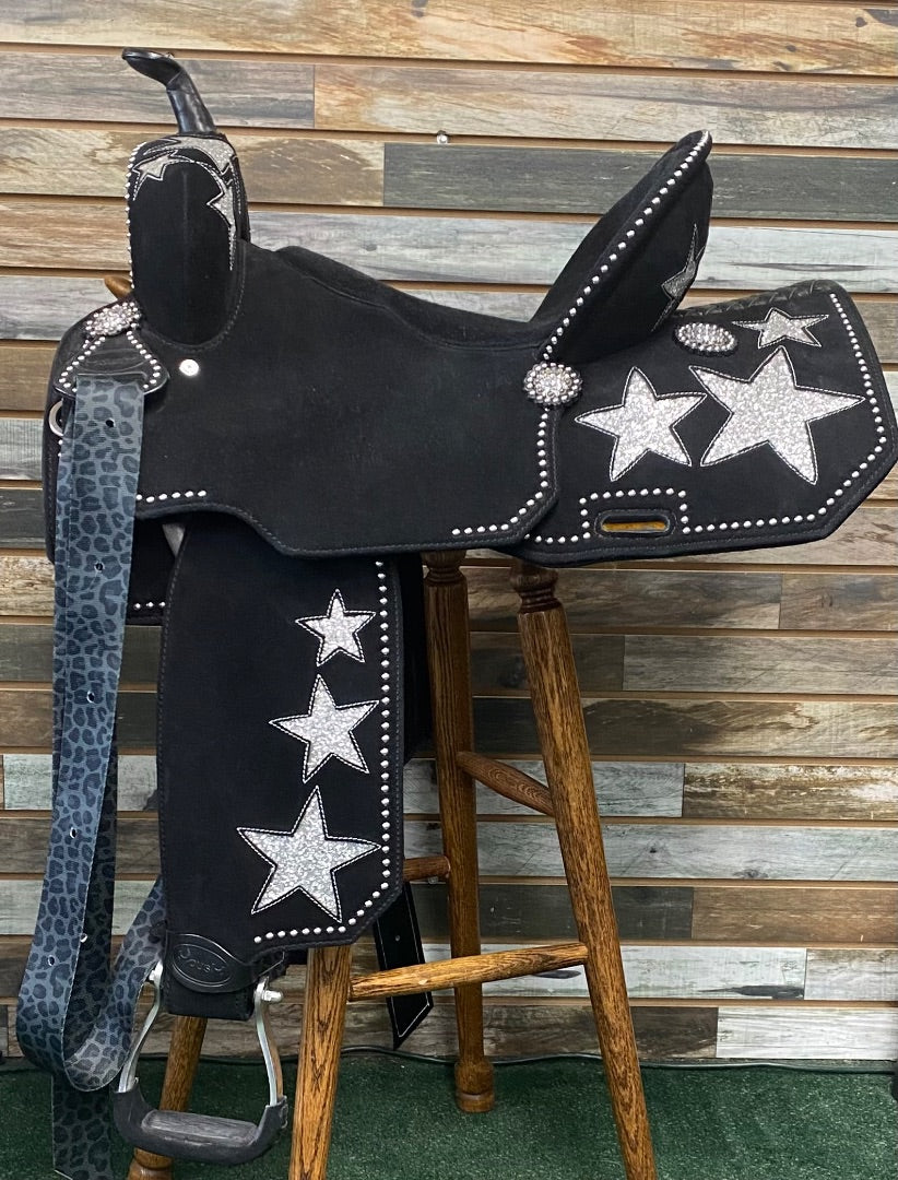 USED MOUSM  Barrel Saddle  Black w/ Silver Glitter Stars