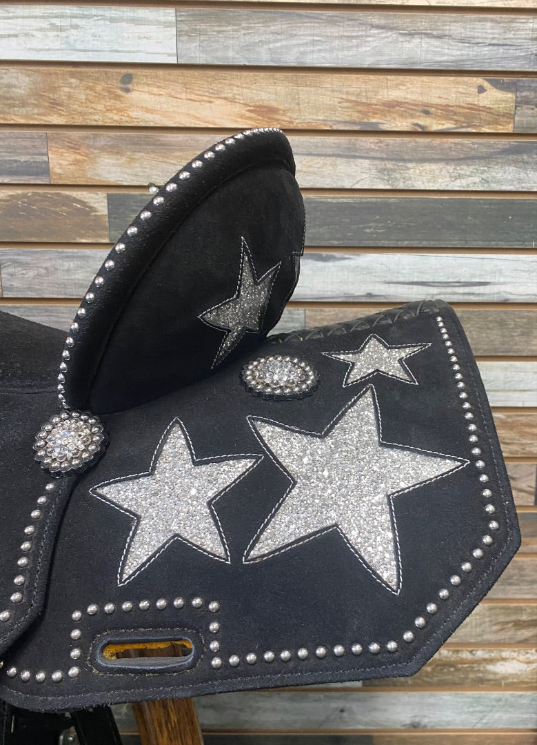 USED MOUSM  Barrel Saddle  Black w/ Silver Glitter Stars