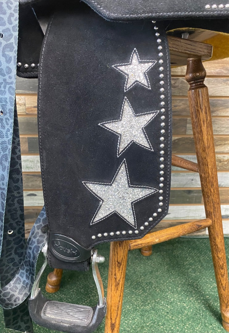 USED MOUSM  Barrel Saddle  Black w/ Silver Glitter Stars
