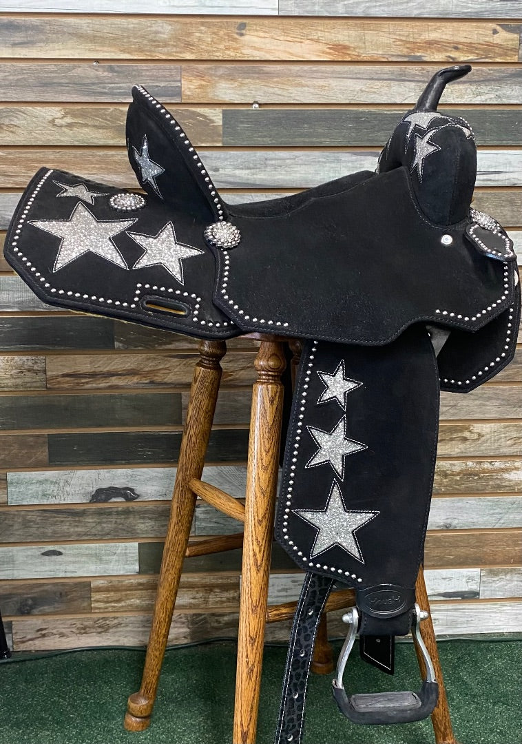 USED MOUSM  Barrel Saddle  Black w/ Silver Glitter Stars