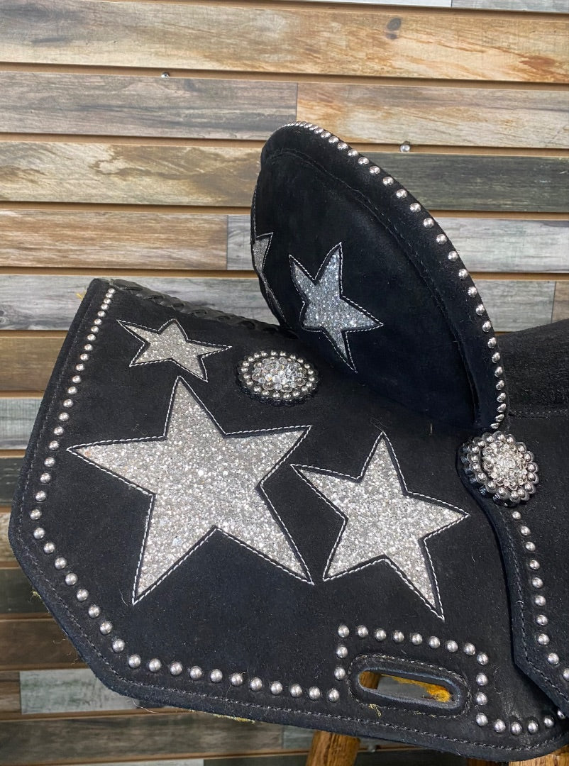 USED MOUSM  Barrel Saddle  Black w/ Silver Glitter Stars