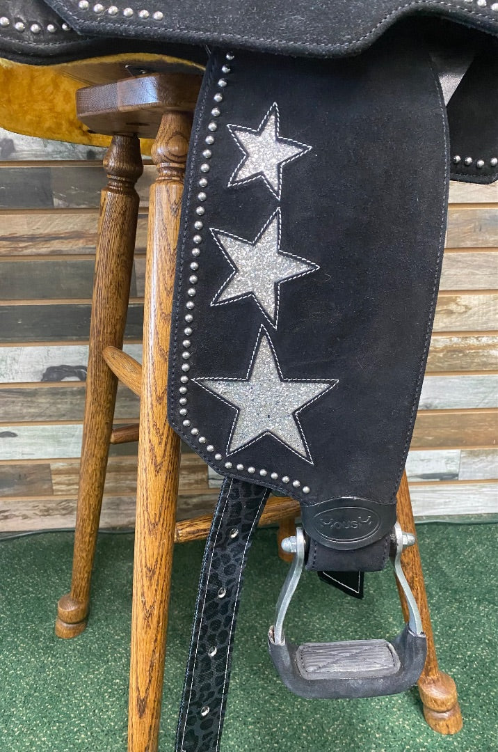 USED MOUSM  Barrel Saddle  Black w/ Silver Glitter Stars