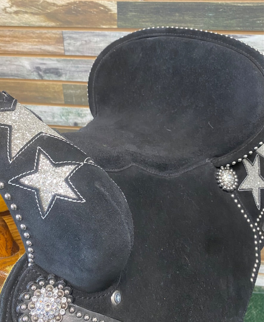 USED MOUSM  Barrel Saddle  Black w/ Silver Glitter Stars