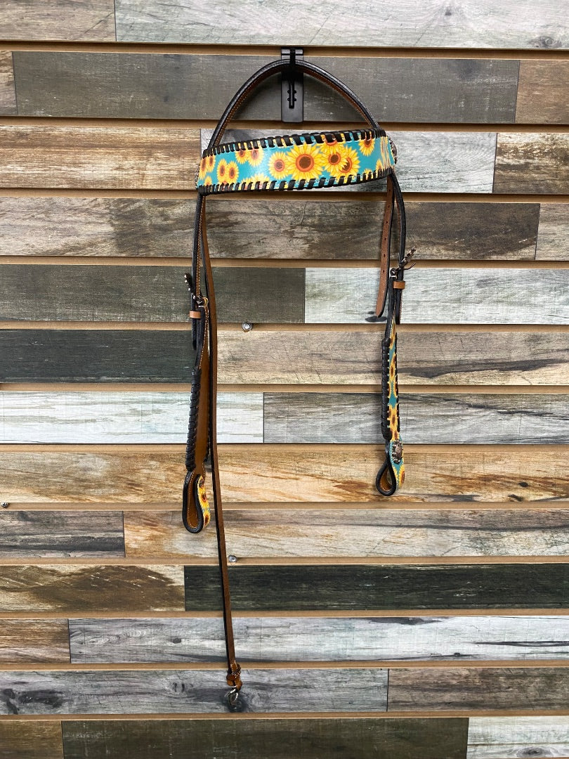 USED Hot Headstalls Leather Headstall and BreastCollar Set  Teal and Sunflower