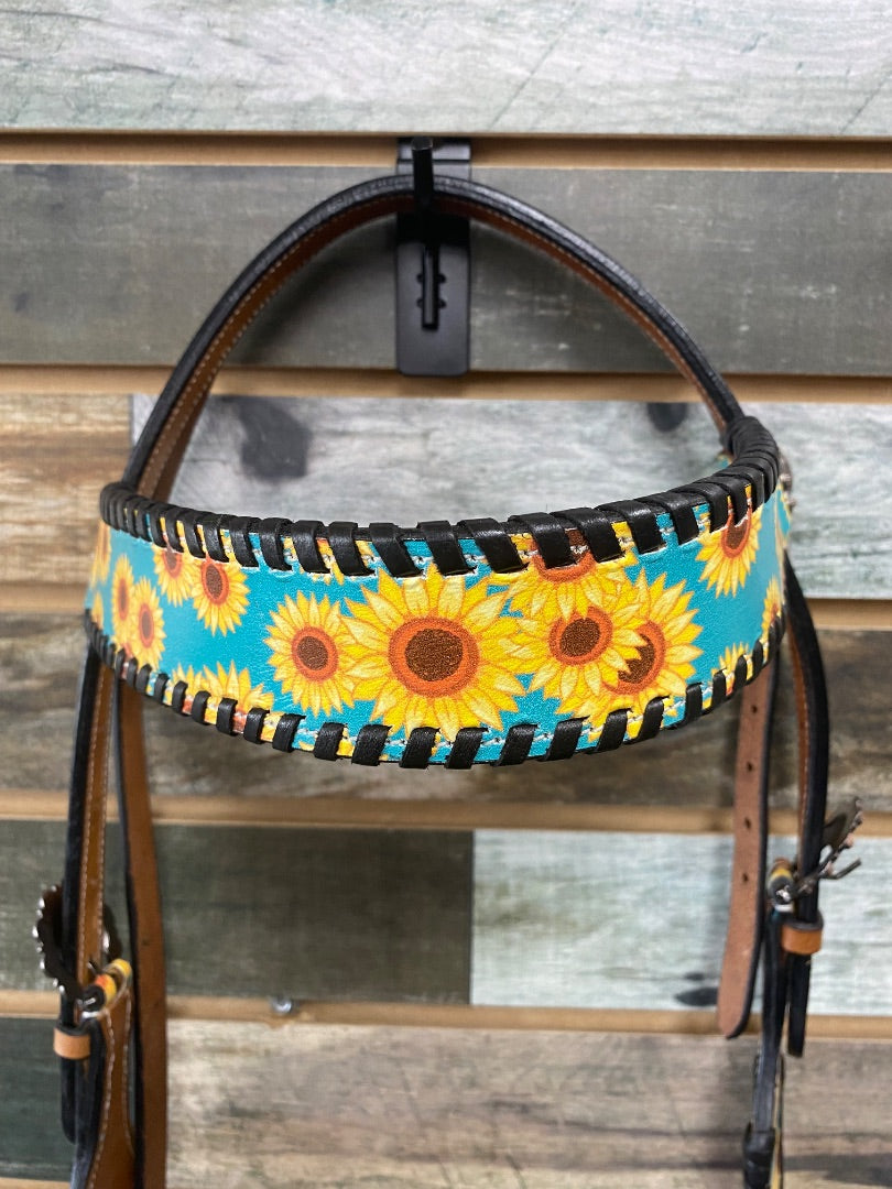 USED Hot Headstalls Leather Headstall and BreastCollar Set  Teal and Sunflower