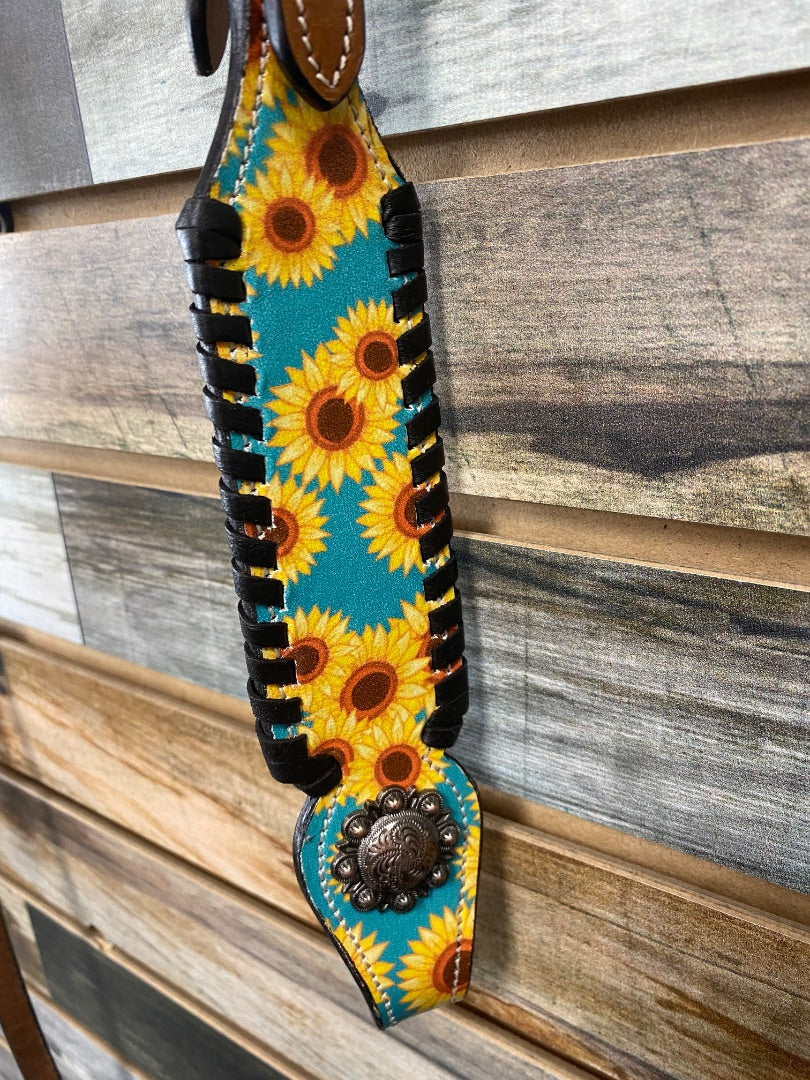 USED Hot Headstalls Leather Headstall and BreastCollar Set  Teal and Sunflower