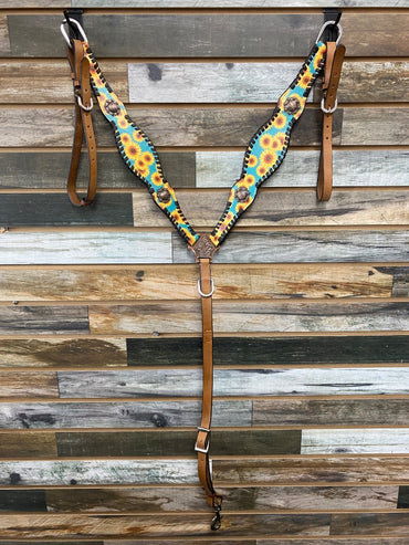 USED Hot Headstalls Leather Headstall and BreastCollar Set  Teal and Sunflower