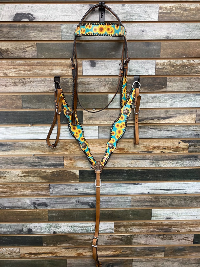 USED Hot Headstalls Leather Headstall and BreastCollar Set  Teal and Sunflower