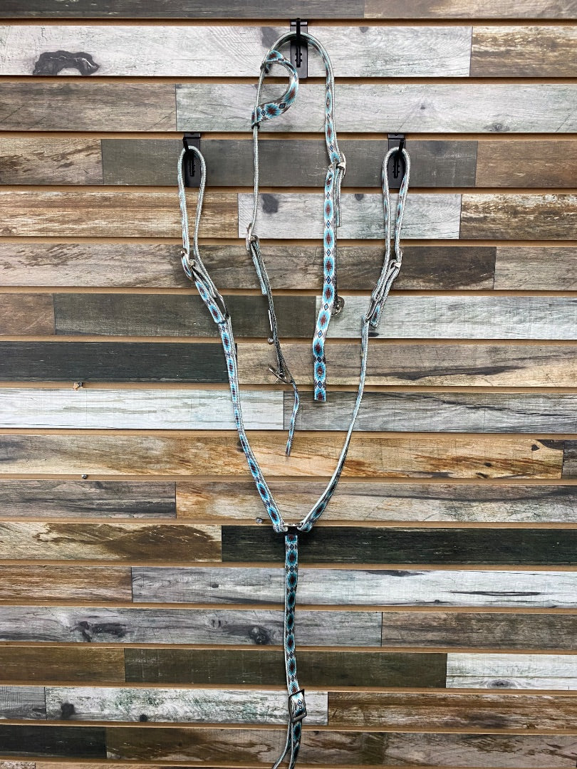 USED Tacktical Nylon Headstall and Breast Collar Horse BLue/Brown Aztec