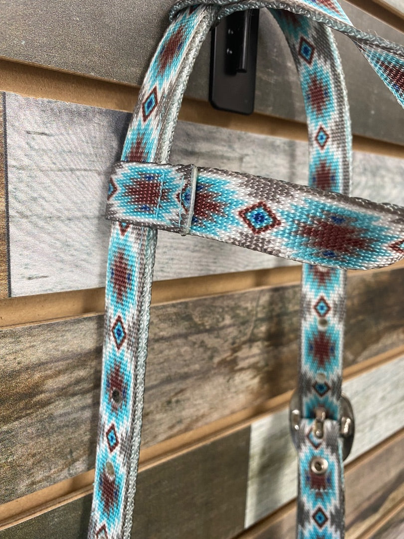 USED Tacktical Nylon Headstall and Breast Collar Horse BLue/Brown Aztec