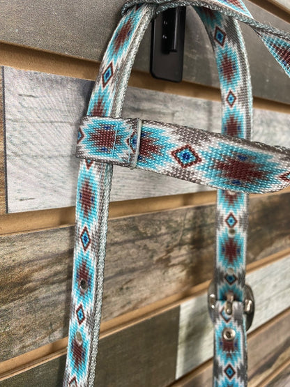 USED Tacktical Nylon Headstall and Breast Collar Horse BLue/Brown Aztec