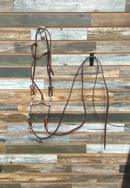 USED  Leather Headstall, Low Port Shank and Split Reins Pony/4" Medium Oil
