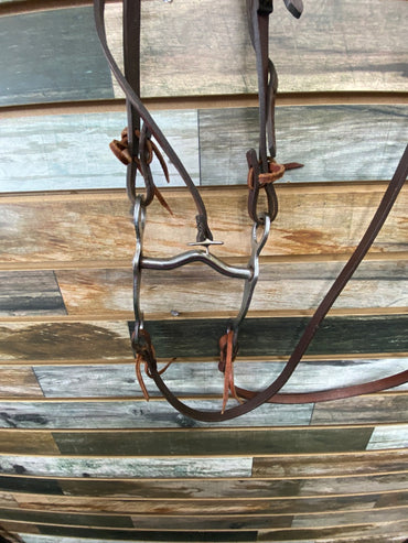 USED  Leather Headstall, Low Port Shank and Split Reins Pony/4" Medium Oil